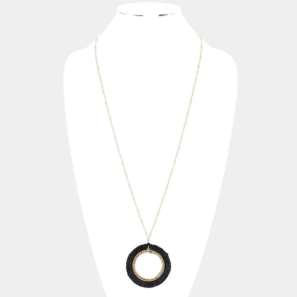 Black Raffia Trimmed Open Circle Pendant Long Necklace - Jewelry Store by Erik Rayo
