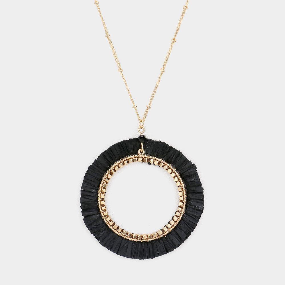 Black Raffia Trimmed Open Circle Pendant Long Necklace - Jewelry Store by Erik Rayo