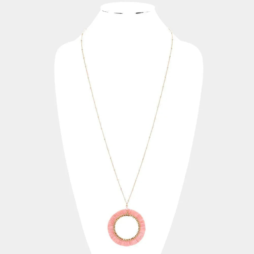 Pink Raffia Trimmed Open Circle Pendant Long Necklace - Jewelry Store by Erik Rayo