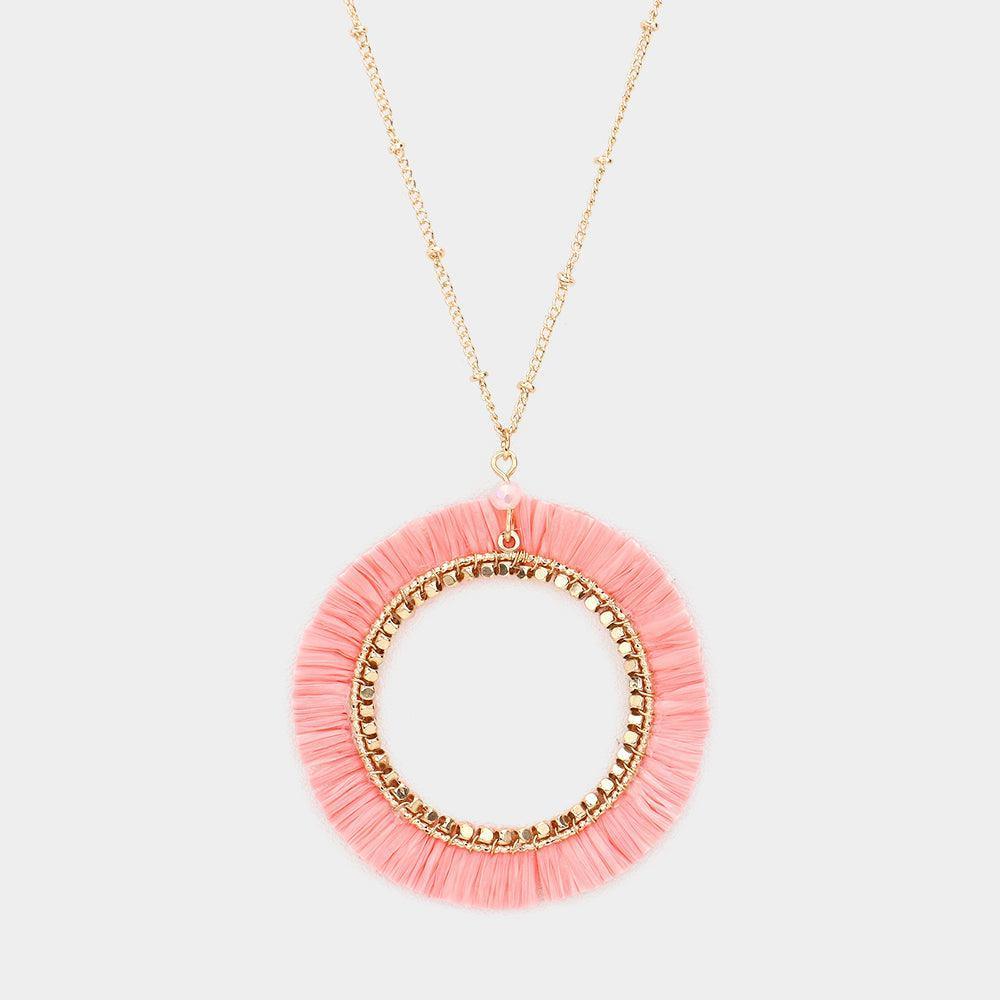 Pink Raffia Trimmed Open Circle Pendant Long Necklace - Jewelry Store by Erik Rayo