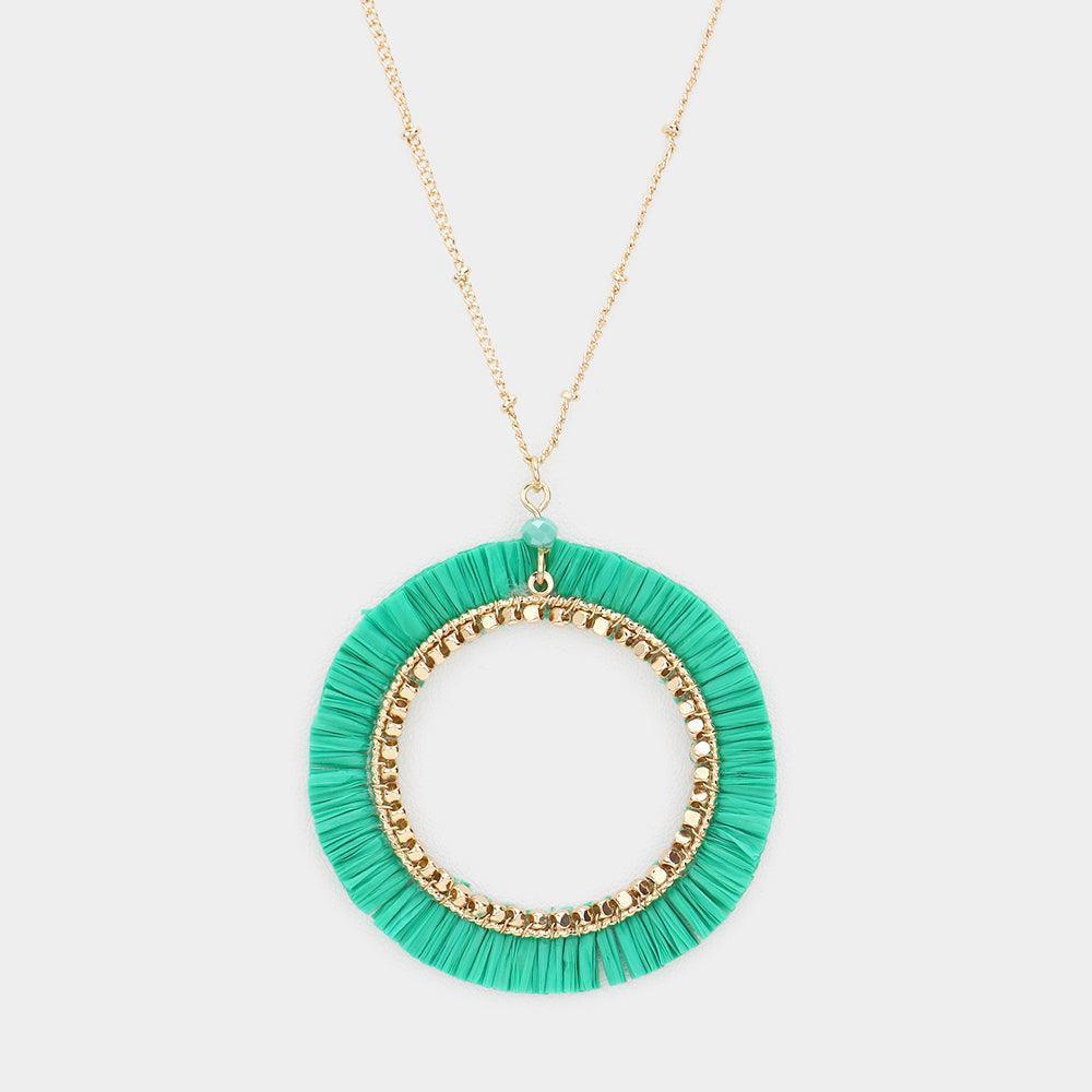 Green Raffia Trimmed Open Circle Pendant Long Necklace - Jewelry Store by Erik Rayo
