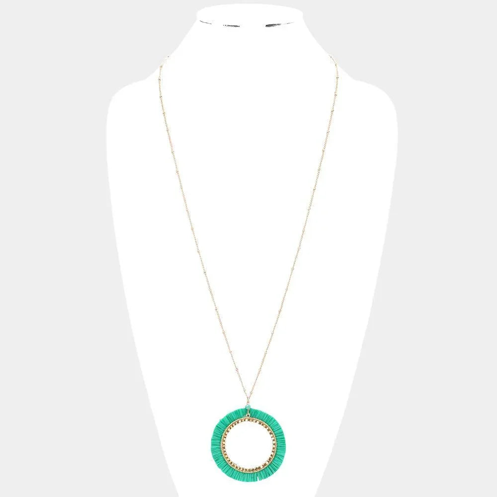 Green Raffia Trimmed Open Circle Pendant Long Necklace - Jewelry Store by Erik Rayo
