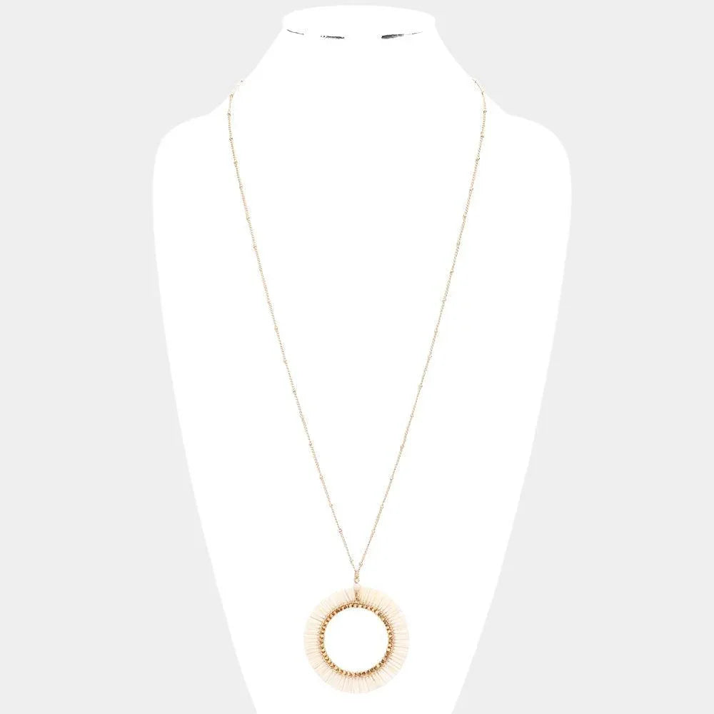 Ivory Raffia Trimmed Open Circle Pendant Long Necklace - Jewelry Store by Erik Rayo