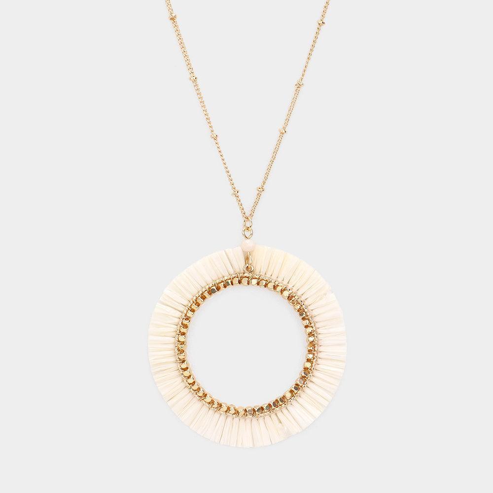 Ivory Raffia Trimmed Open Circle Pendant Long Necklace - Jewelry Store by Erik Rayo