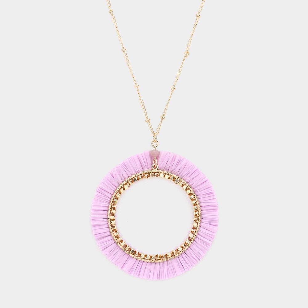 Lavender Raffia Trimmed Open Circle Pendant Long Necklace - Jewelry Store by Erik Rayo