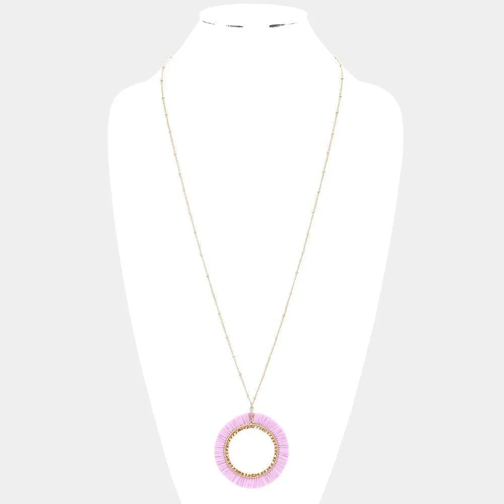 Lavender Raffia Trimmed Open Circle Pendant Long Necklace - Jewelry Store by Erik Rayo