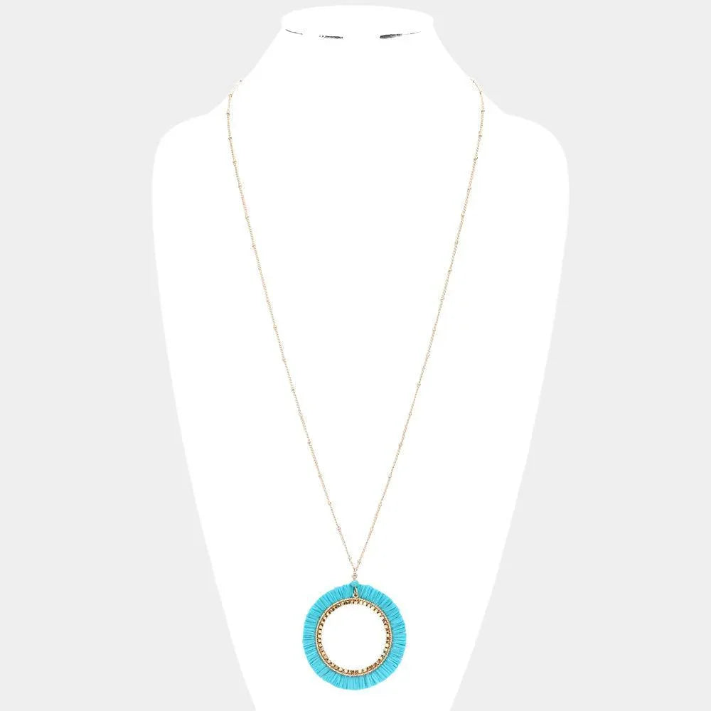 Turquoise Raffia Trimmed Open Circle Pendant Long Necklace - Jewelry Store by Erik Rayo