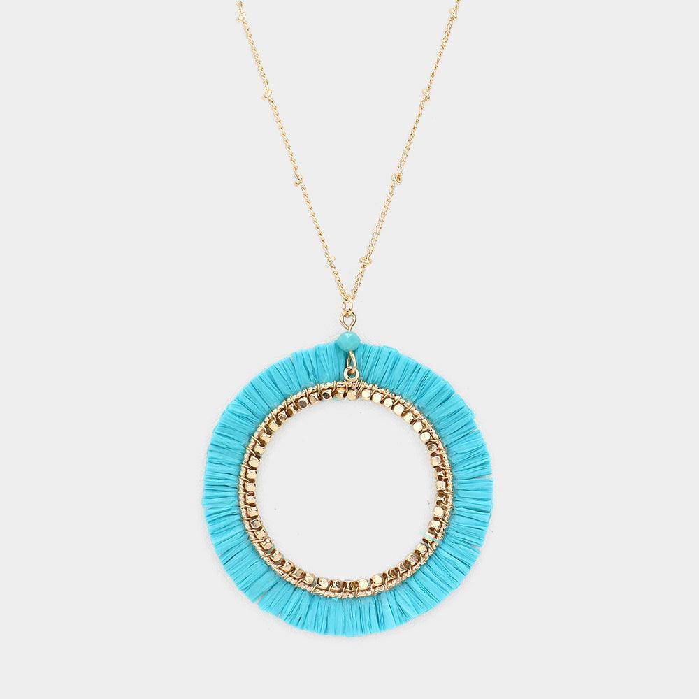 Turquoise Raffia Trimmed Open Circle Pendant Long Necklace - Jewelry Store by Erik Rayo