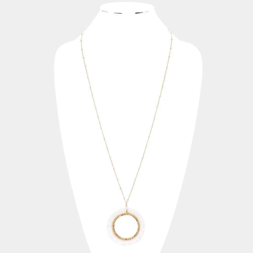 White Raffia Trimmed Open Circle Pendant Long Necklace - Jewelry Store by Erik Rayo