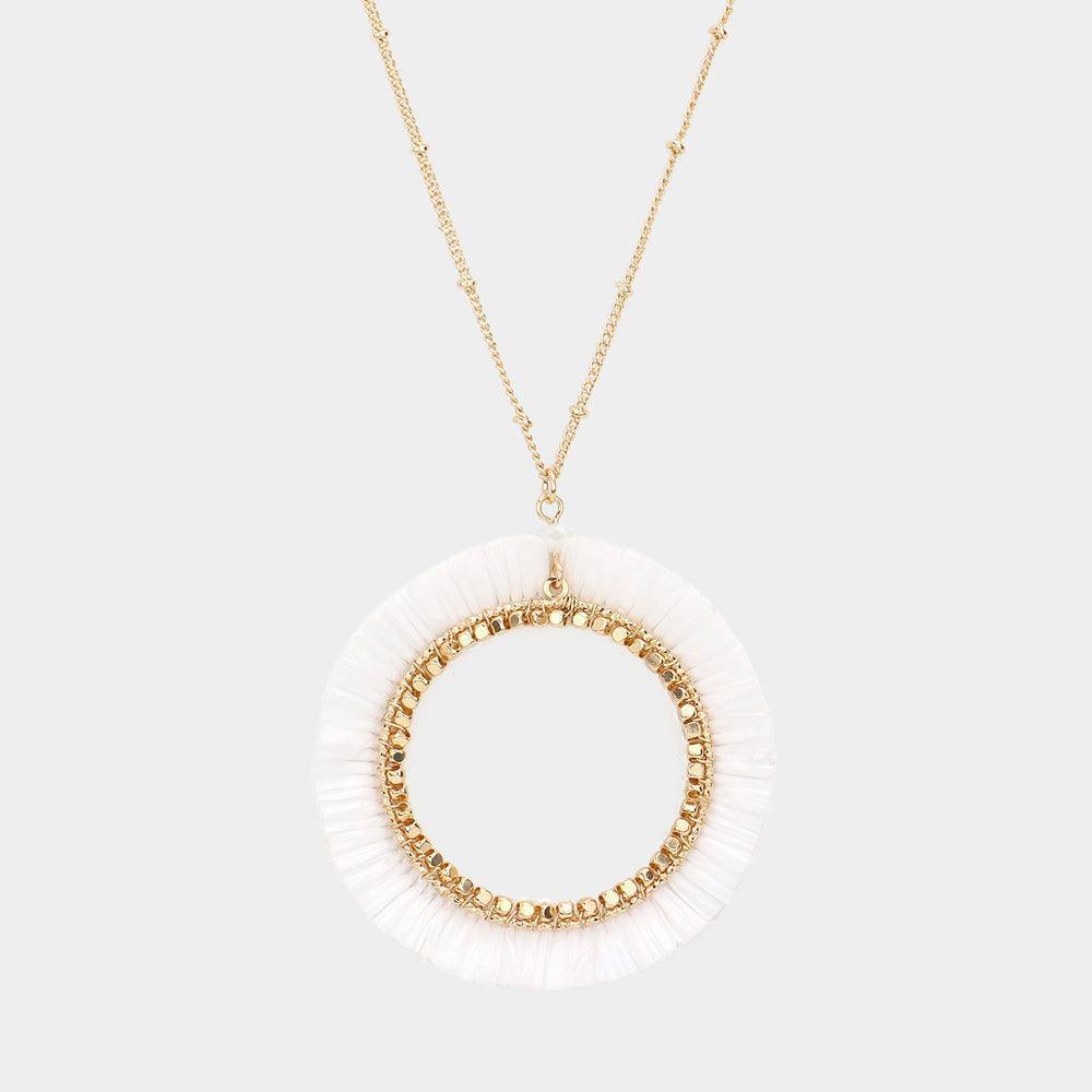 White Raffia Trimmed Open Circle Pendant Long Necklace - Jewelry Store by Erik Rayo