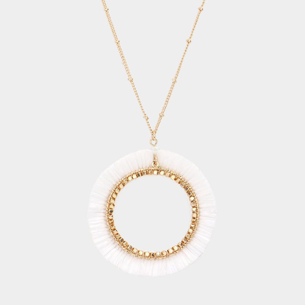 White Raffia Trimmed Open Circle Pendant Long Necklace