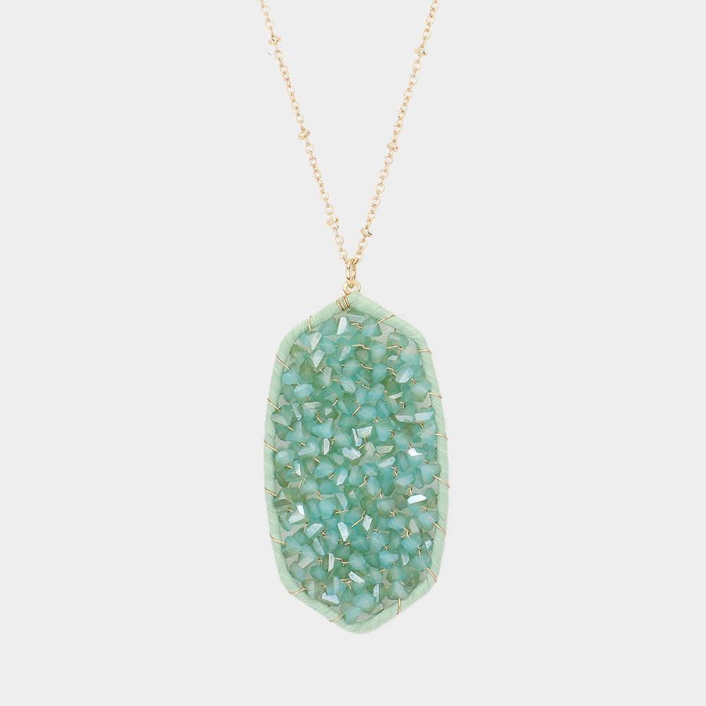Beaded Raffia Wrapped Hexagon Pendant Long Necklace - Jewelry Store by Erik Rayo