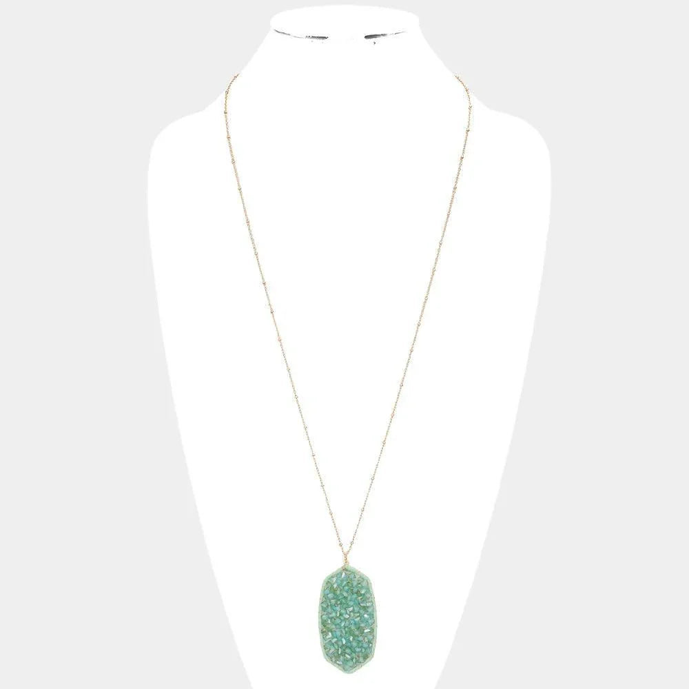 Beaded Raffia Wrapped Hexagon Pendant Long Necklace - Jewelry Store by Erik Rayo