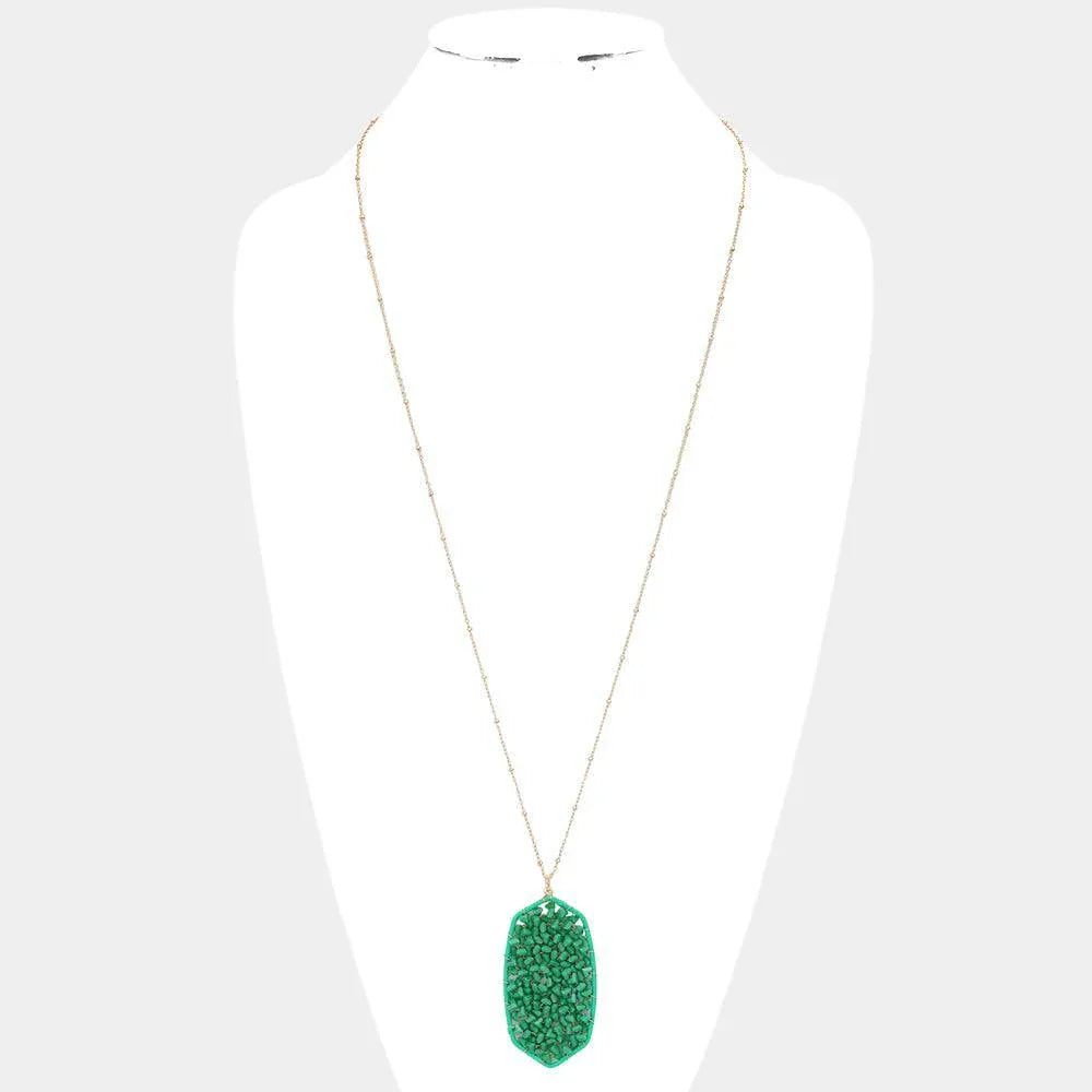Green Beaded Raffia Wrapped Hexagon Pendant Long Necklace - Jewelry Store by Erik Rayo