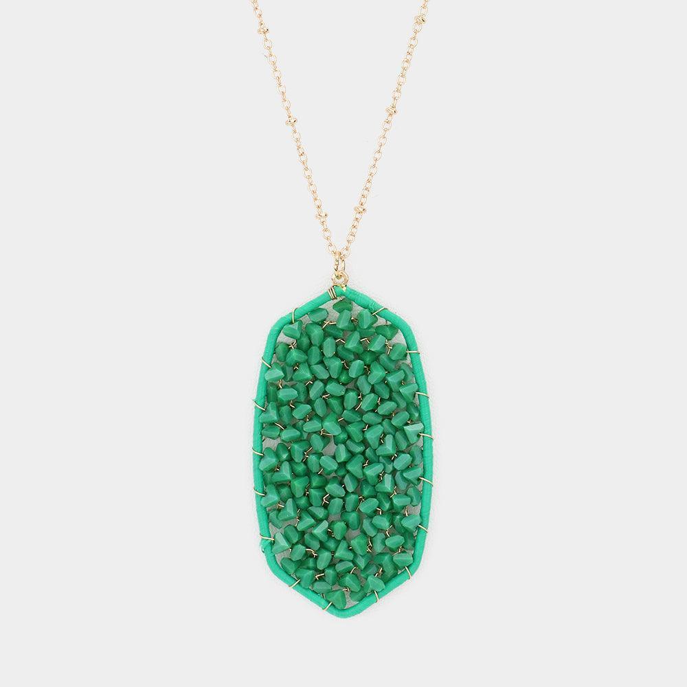 Green Beaded Raffia Wrapped Hexagon Pendant Long Necklace - Jewelry Store by Erik Rayo