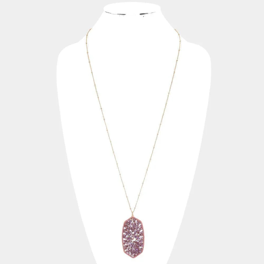 Amethyst Beaded Raffia Wrapped Hexagon Pendant Long Necklace - Jewelry Store by Erik Rayo