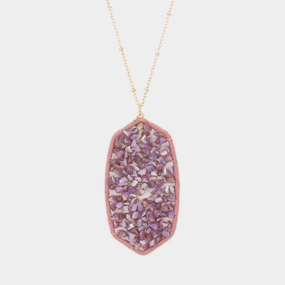 Amethyst Beaded Raffia Wrapped Hexagon Pendant Long Necklace - Jewelry Store by Erik Rayo