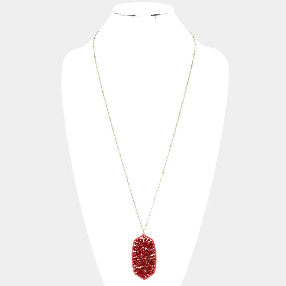 Red Beaded Raffia Wrapped Hexagon Pendant Long Necklace - Jewelry Store by Erik Rayo