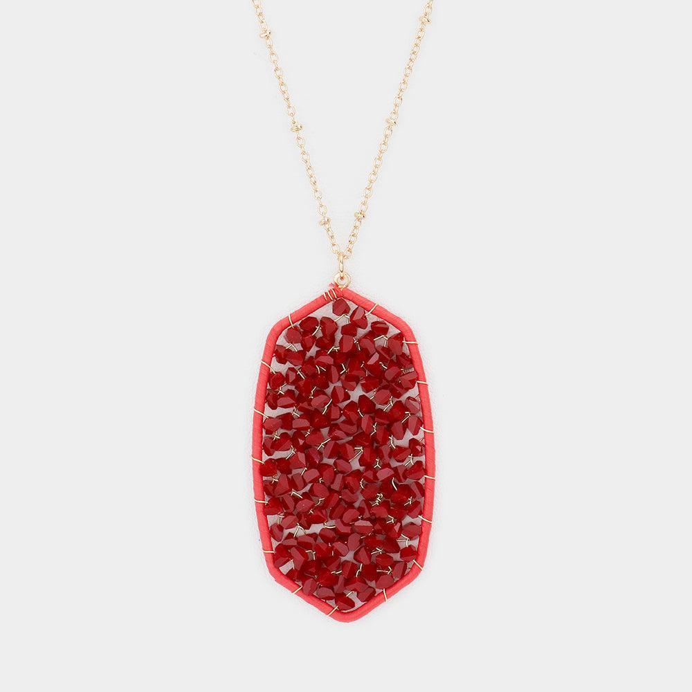 Red Beaded Raffia Wrapped Hexagon Pendant Long Necklace - Jewelry Store by Erik Rayo