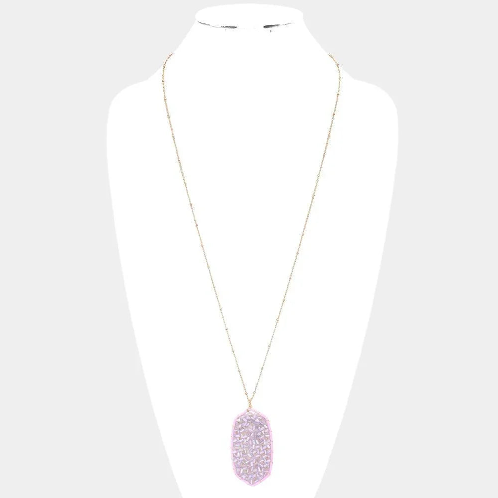 Lavender Beaded Raffia Wrapped Hexagon Pendant Long Necklace - Jewelry Store by Erik Rayo