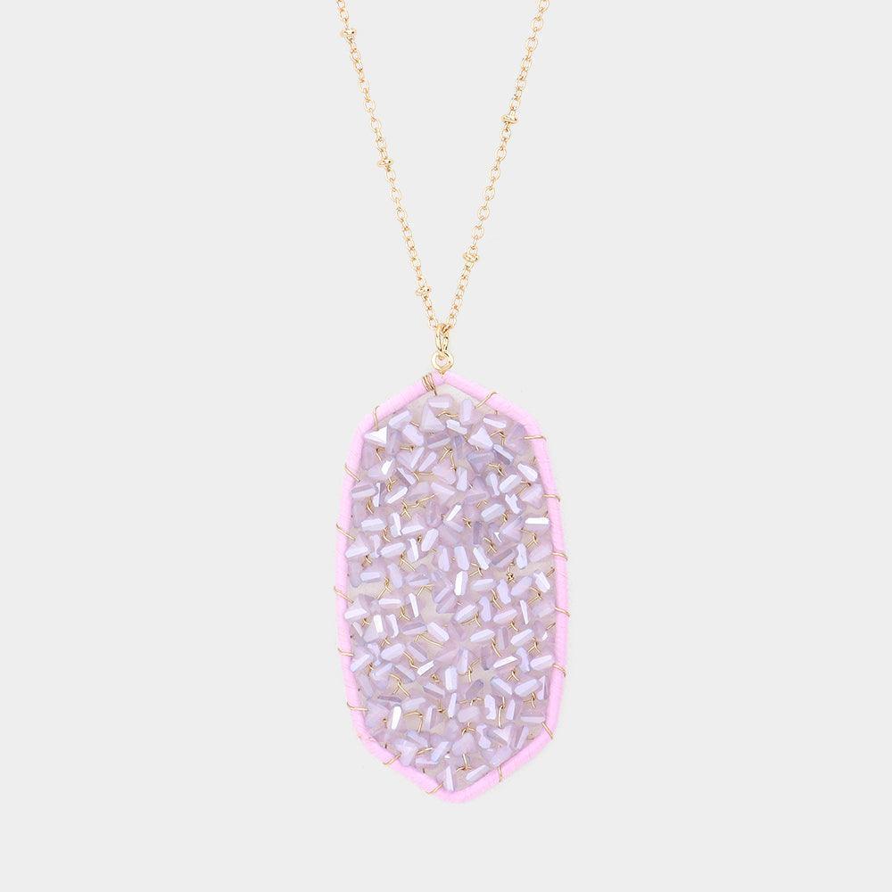 Lavender Beaded Raffia Wrapped Hexagon Pendant Long Necklace - Jewelry Store by Erik Rayo