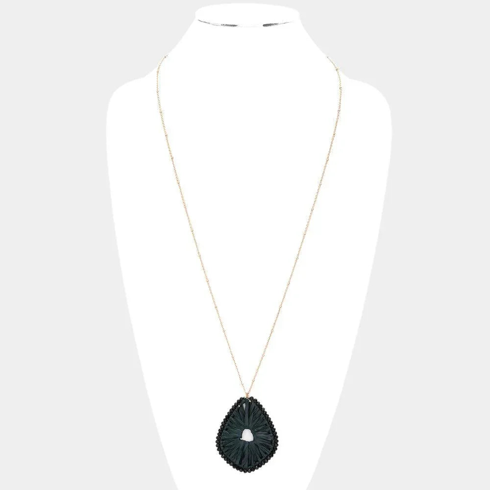 Black Faceted Bead Trimmed Woven Raffia Pendant Long Necklace - Jewelry Store by Erik Rayo