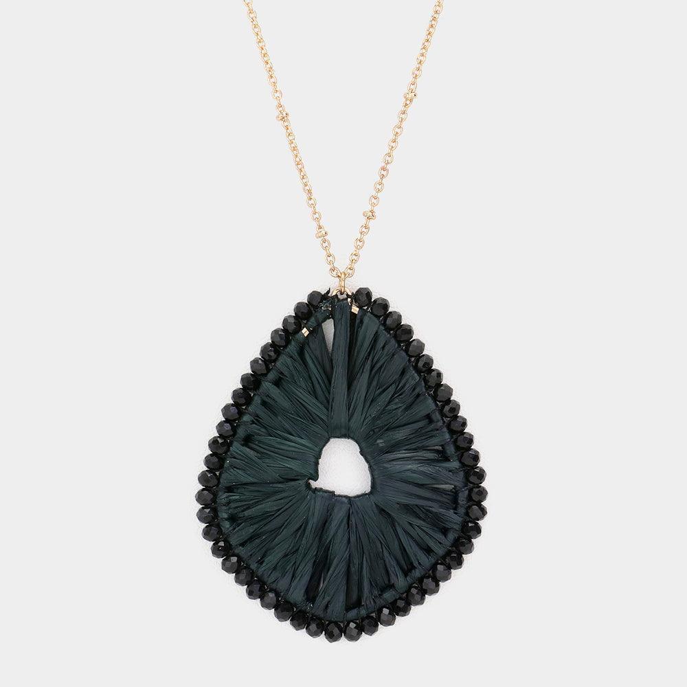 Black Faceted Bead Trimmed Woven Raffia Pendant Long Necklace - Jewelry Store by Erik Rayo