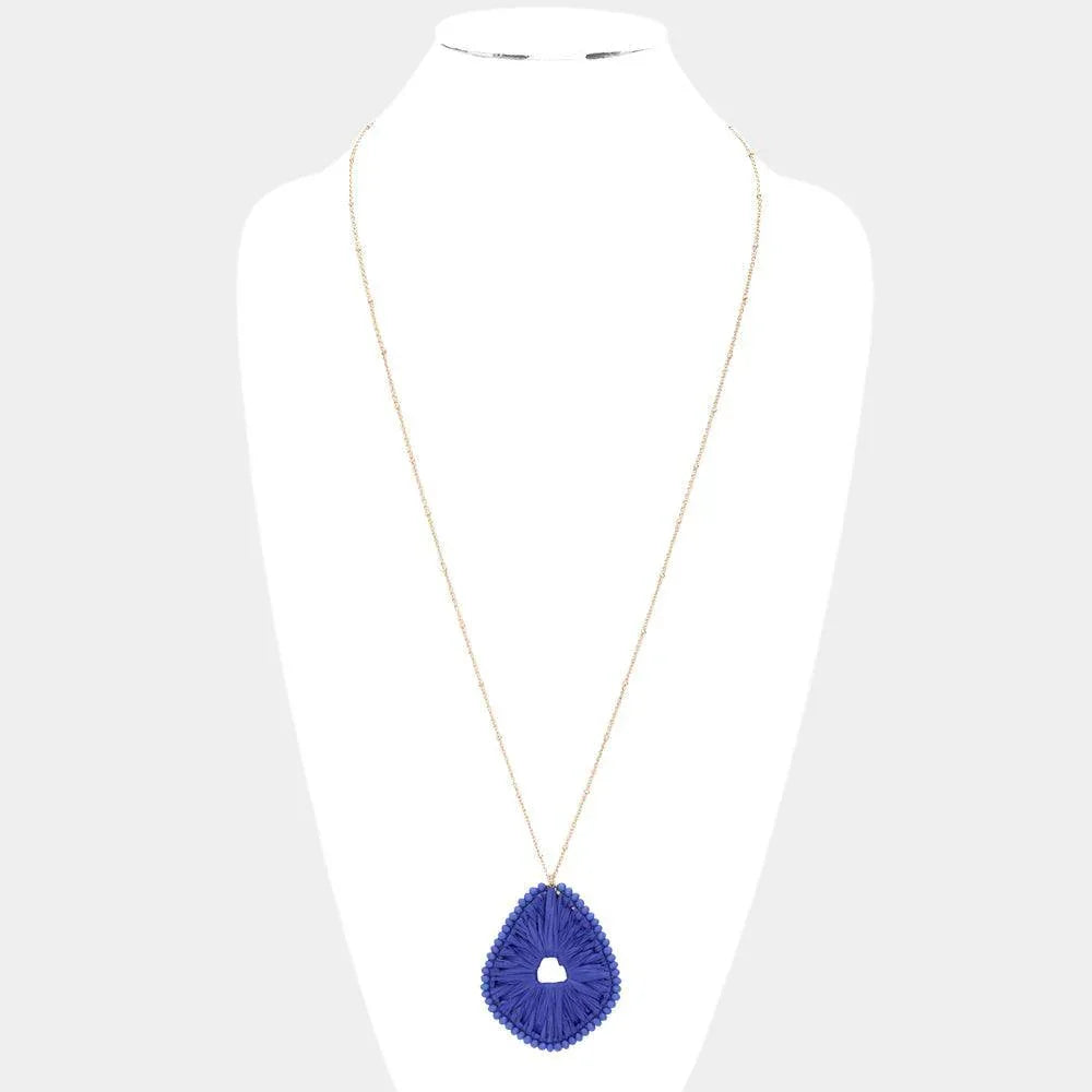 Blue Faceted Bead Trimmed Woven Raffia Pendant Long Necklace - Jewelry Store by Erik Rayo