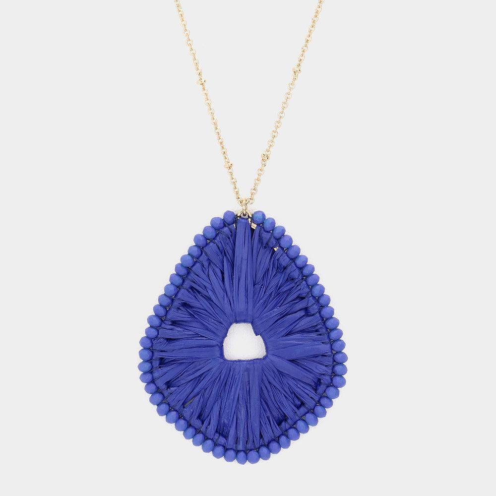 Blue Faceted Bead Trimmed Woven Raffia Pendant Long Necklace - Jewelry Store by Erik Rayo