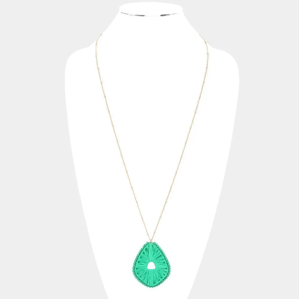 Green Faceted Bead Trimmed Woven Raffia Pendant Long Necklace - Jewelry Store by Erik Rayo