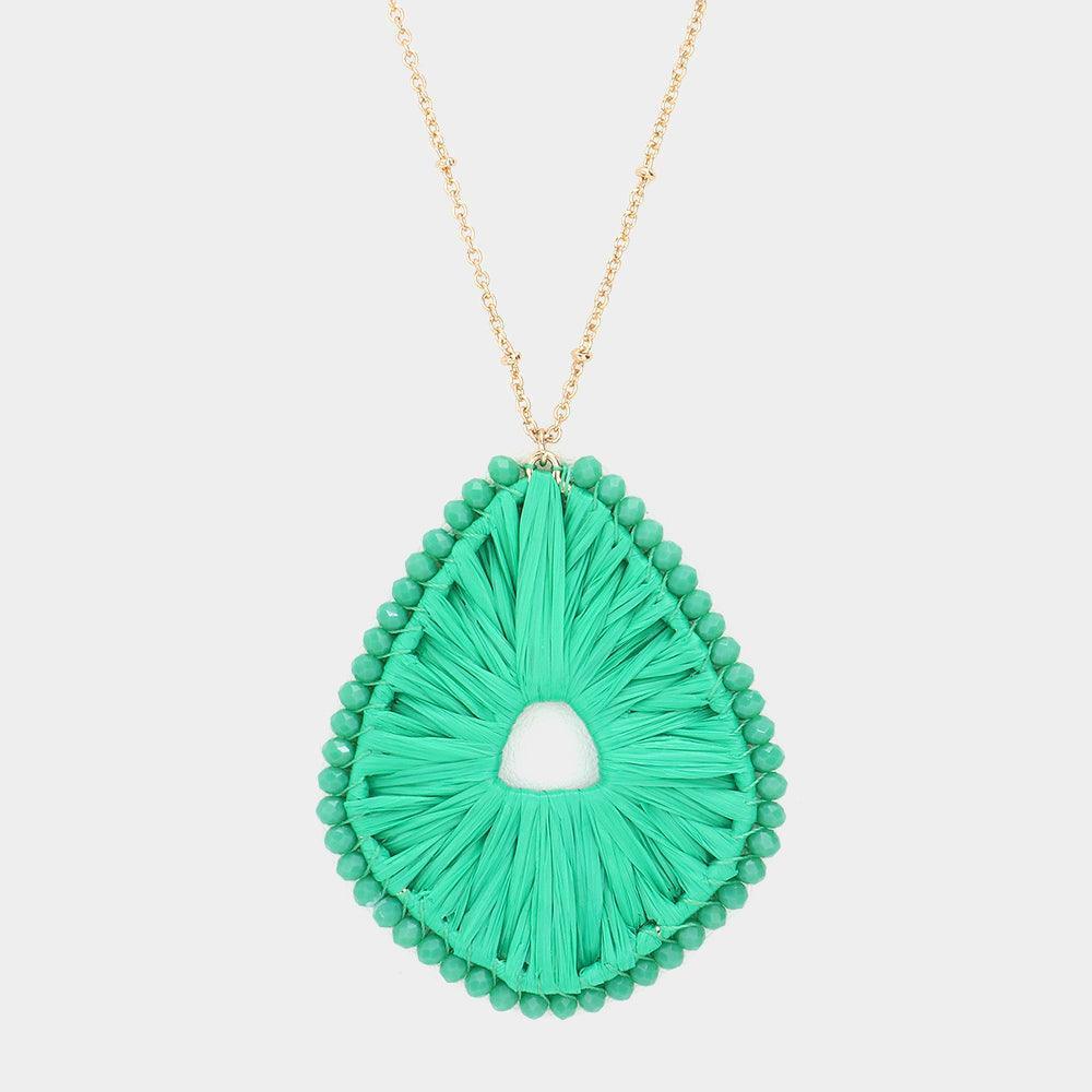 Green Faceted Bead Trimmed Woven Raffia Pendant Long Necklace - Jewelry Store by Erik Rayo