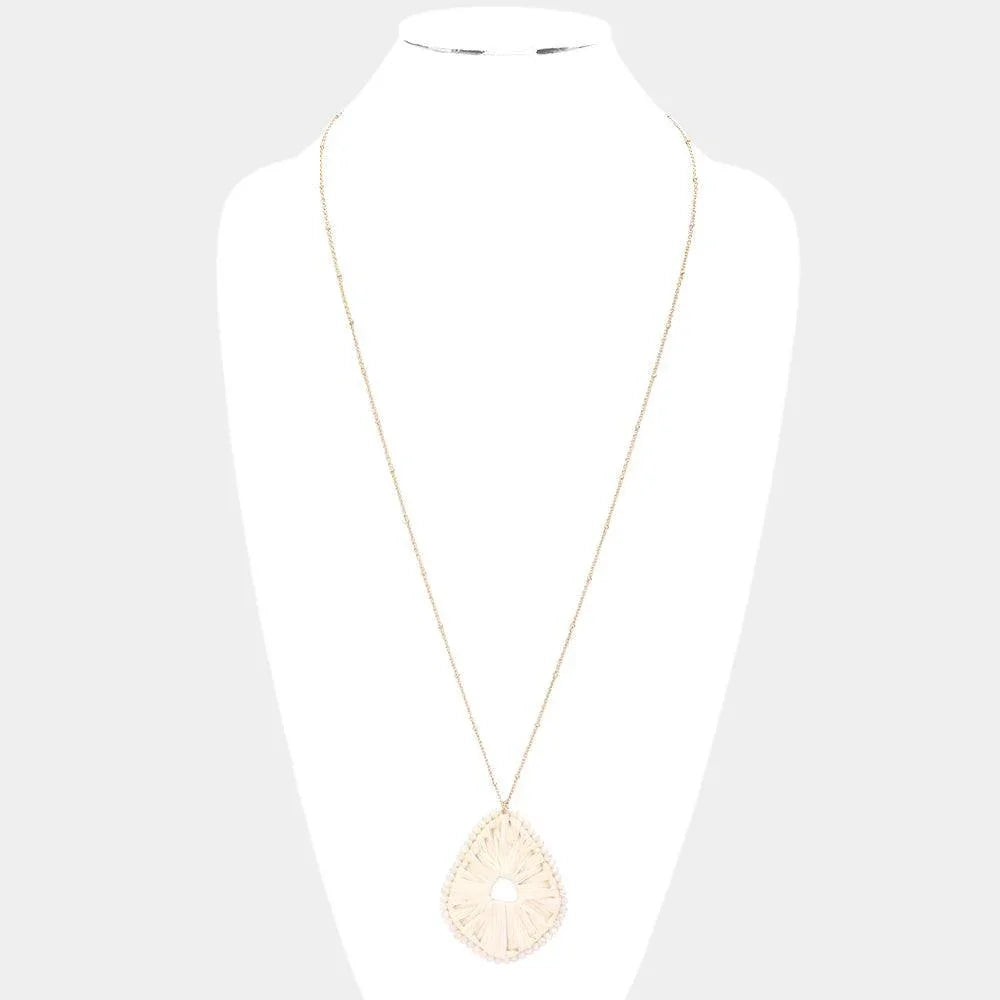 Ivory Faceted Bead Trimmed Woven Raffia Pendant Long Necklace - Jewelry Store by Erik Rayo