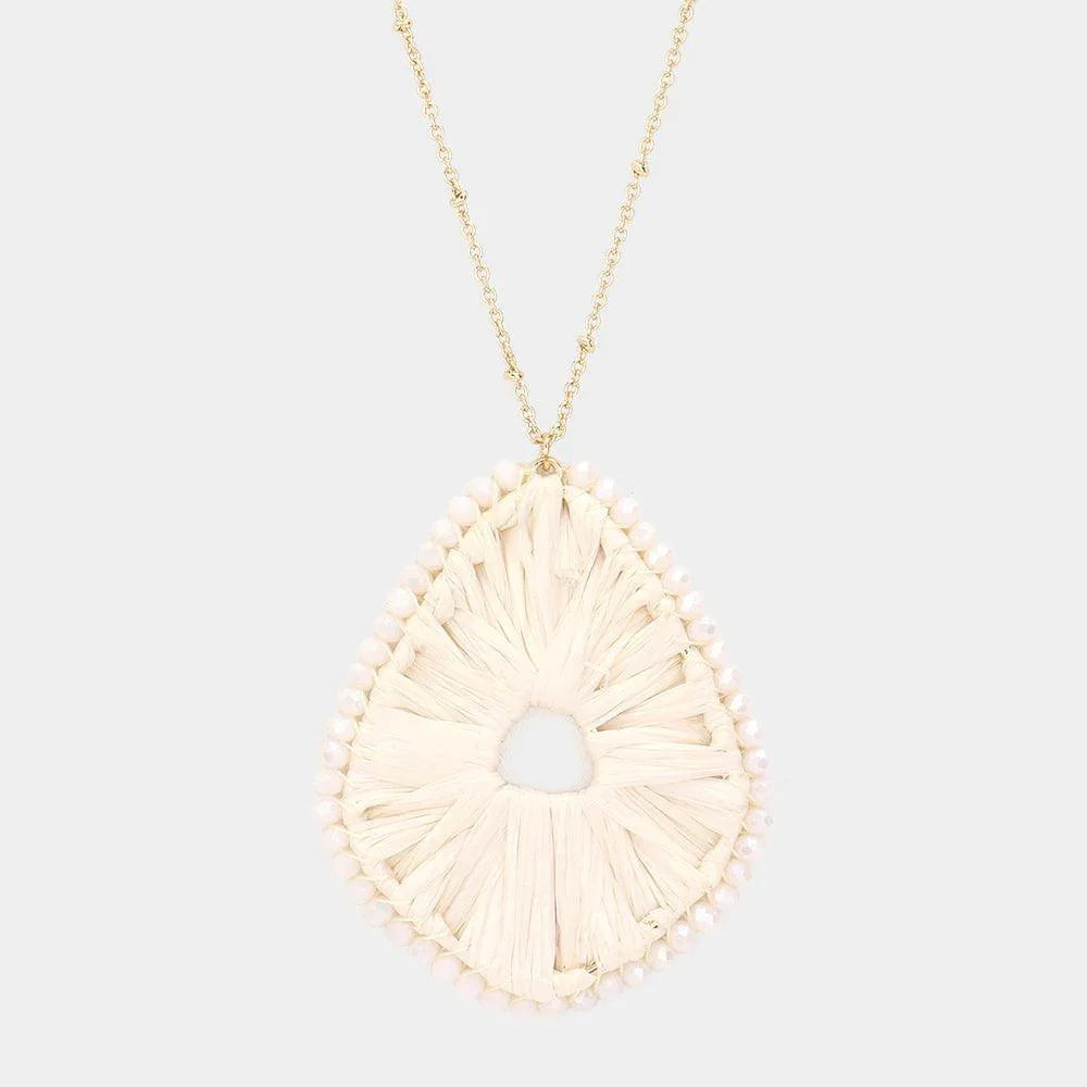 Ivory Faceted Bead Trimmed Woven Raffia Pendant Long Necklace - Jewelry Store by Erik Rayo