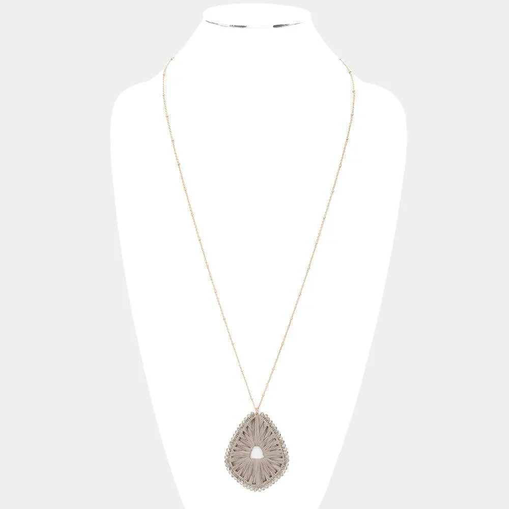 Silver Faceted Bead Trimmed Woven Raffia Pendant Long Necklace - Jewelry Store by Erik Rayo