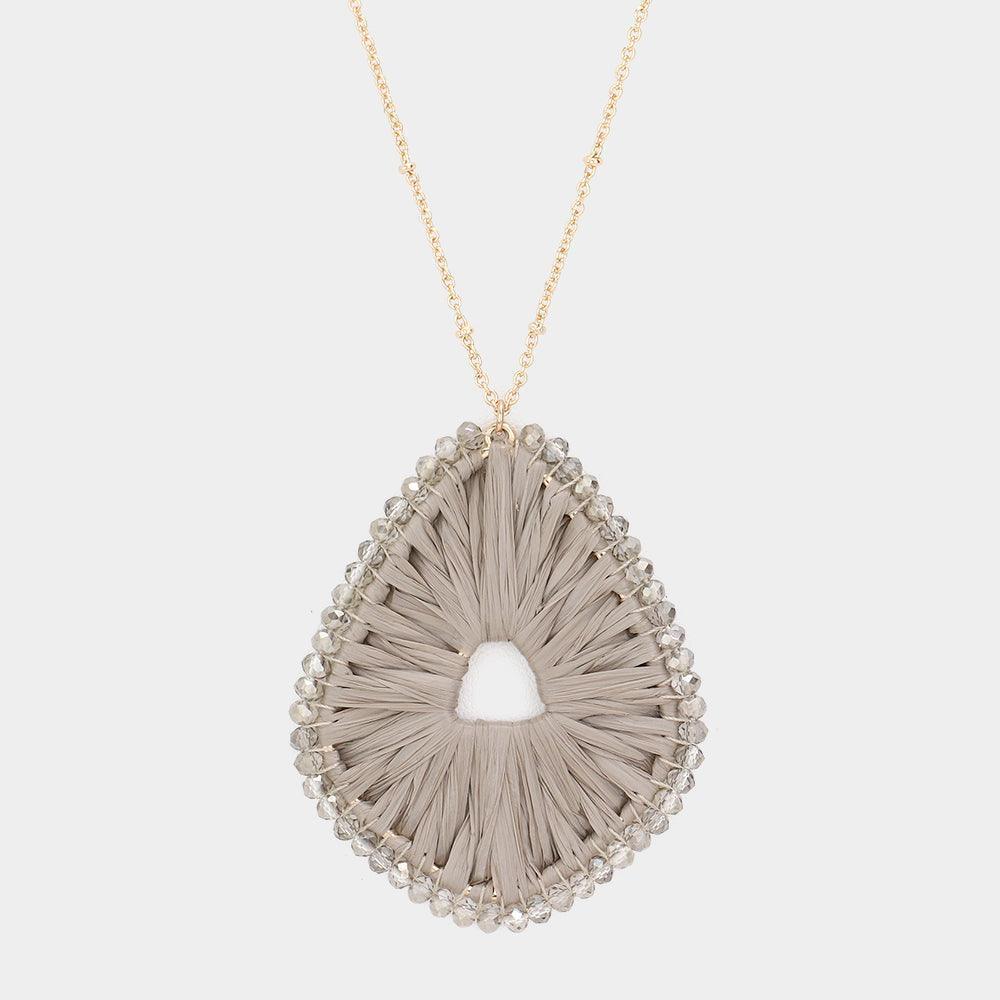 Silver Faceted Bead Trimmed Woven Raffia Pendant Long Necklace - Jewelry Store by Erik Rayo