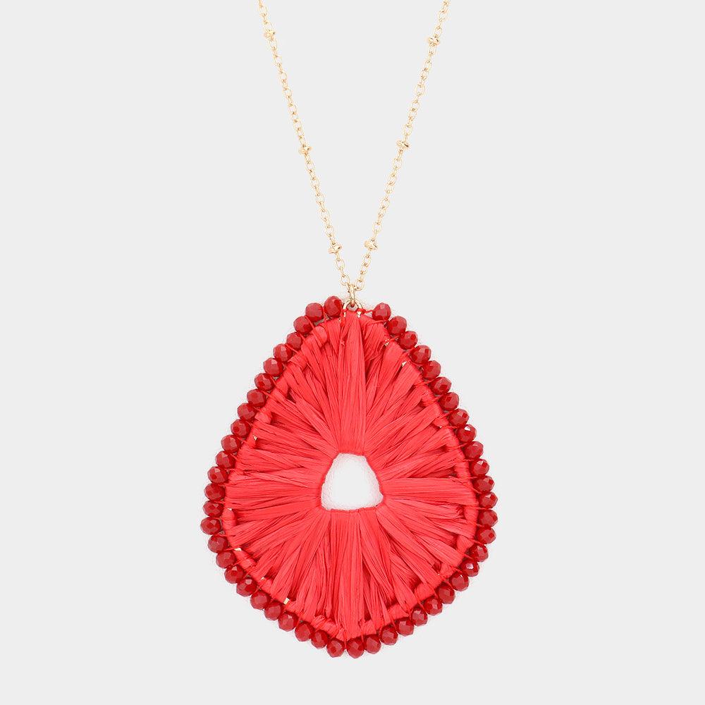 Red Faceted Bead Trimmed Woven Raffia Pendant Long Necklace