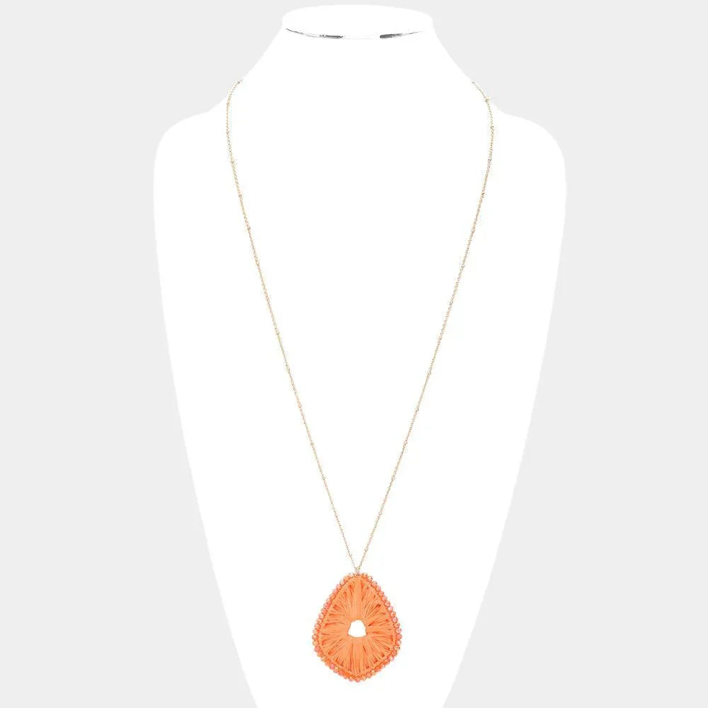 Faceted Bead Trimmed Woven Raffia Pendant Long Necklace - Jewelry Store by Erik Rayo