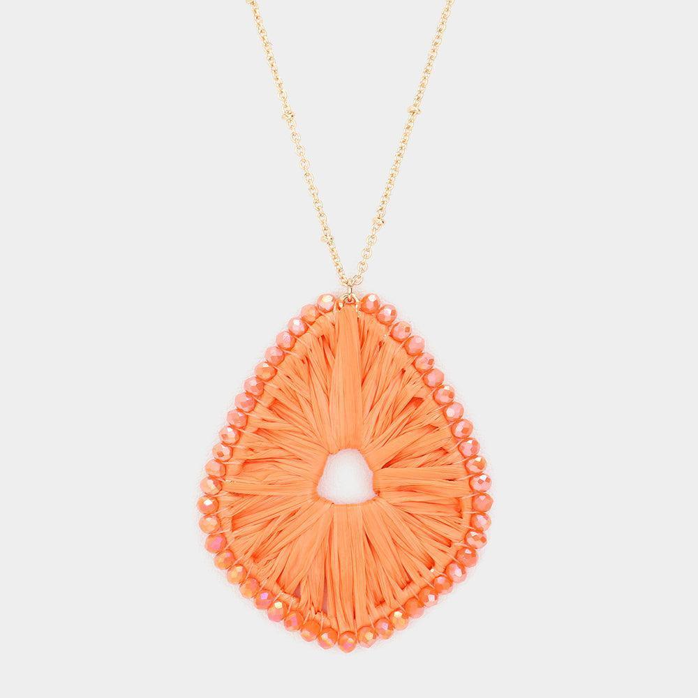 Faceted Bead Trimmed Woven Raffia Pendant Long Necklace - Jewelry Store by Erik Rayo