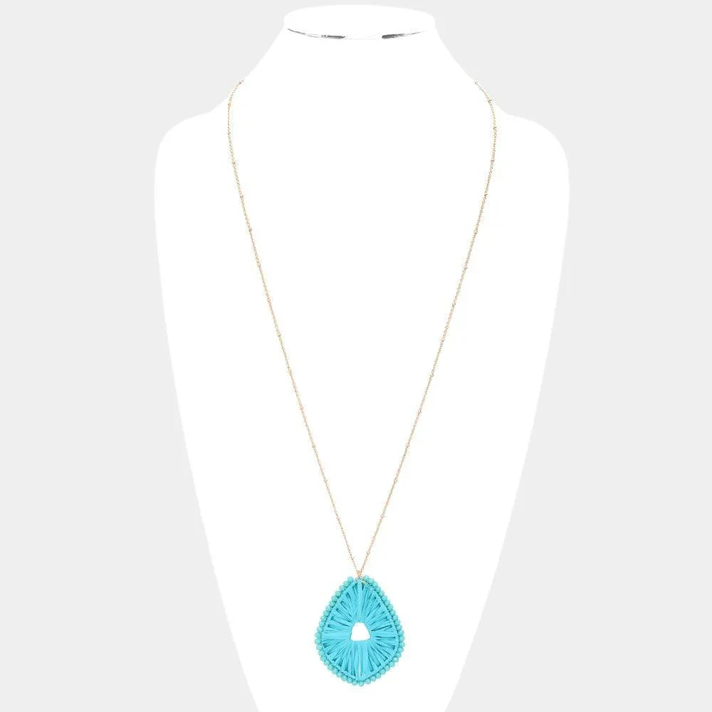 Turquoise Faceted Bead Trimmed Woven Raffia Pendant Long Necklace - Jewelry Store by Erik Rayo