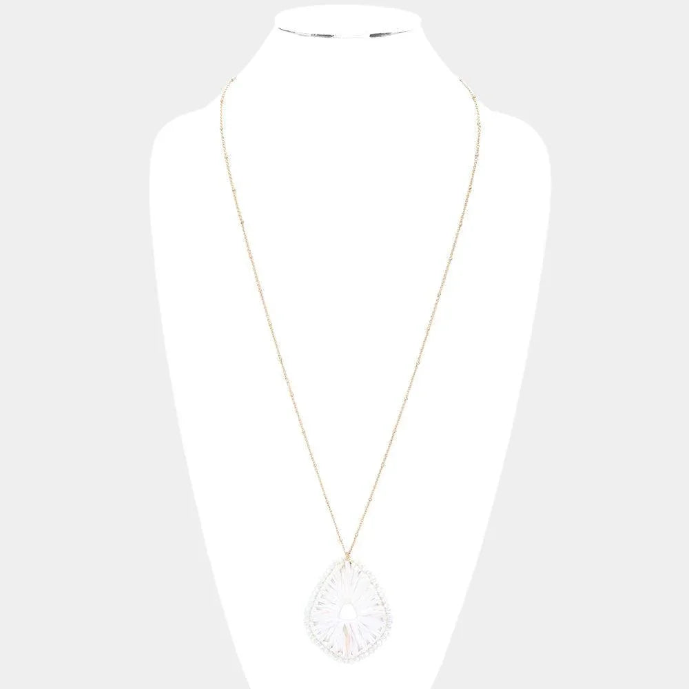 White Faceted Bead Trimmed Woven Raffia Pendant Long Necklace - Jewelry Store by Erik Rayo