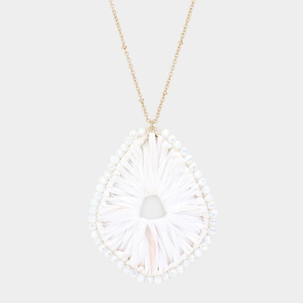 White Faceted Bead Trimmed Woven Raffia Pendant Long Necklace - Jewelry Store by Erik Rayo