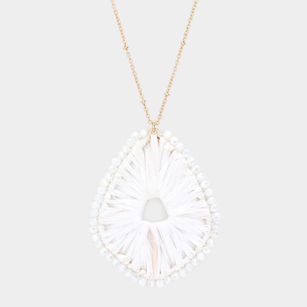 White Faceted Bead Trimmed Woven Raffia Pendant Long Necklace