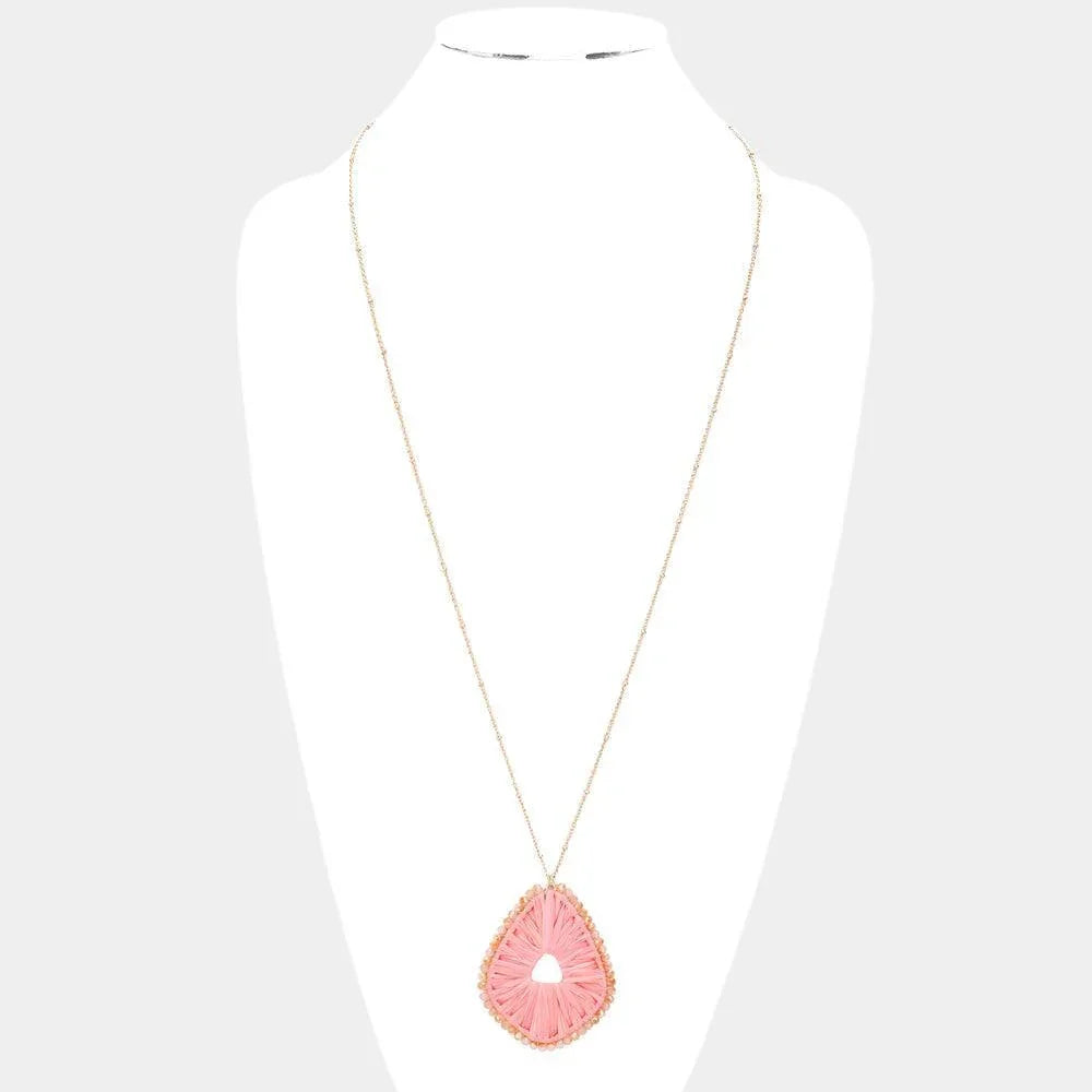 Pink Faceted Bead Trimmed Woven Raffia Pendant Long Necklace - Jewelry Store by Erik Rayo