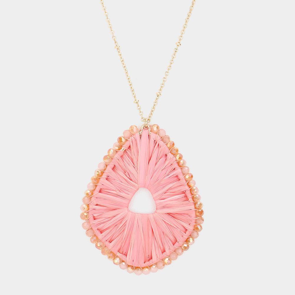 Pink Faceted Bead Trimmed Woven Raffia Pendant Long Necklace - Jewelry Store by Erik Rayo