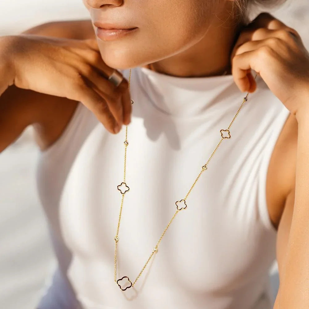 Gold Gold Dipped Quatrefoil Round Stone Station Long Necklace - Jewelry Store by Erik Rayo