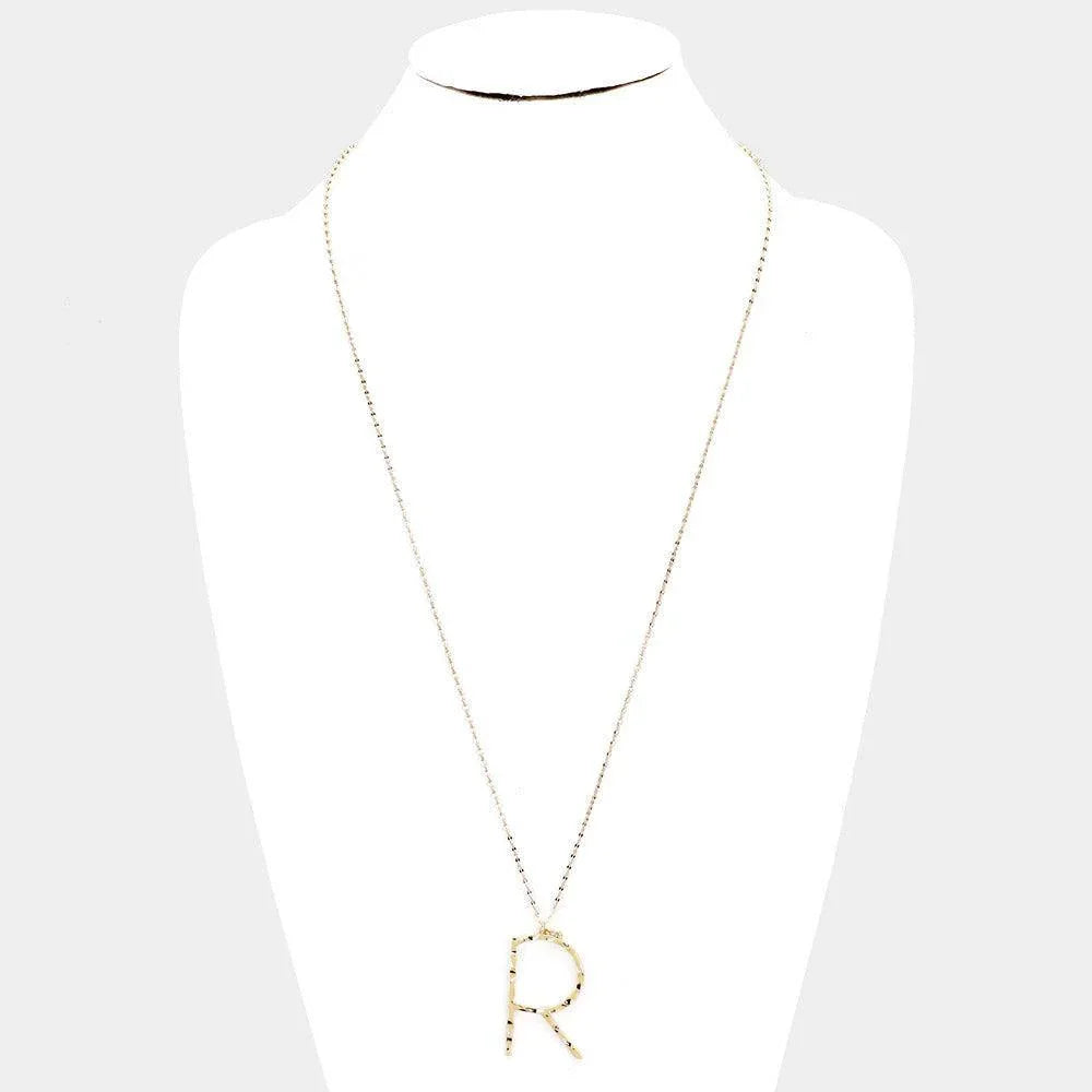 Gold Brass -R- Monogram Metal Pendant Long Necklace - Jewelry Store by Erik Rayo