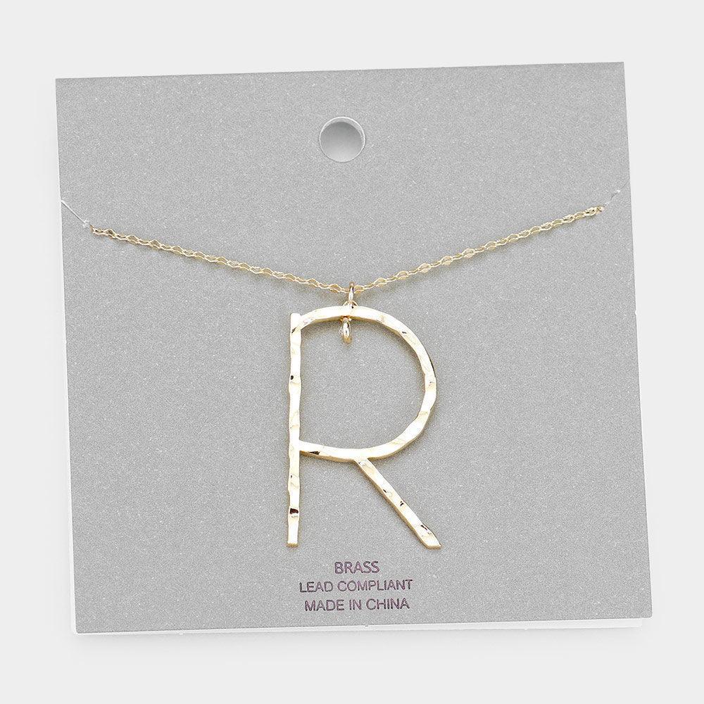 Gold Brass -R- Monogram Metal Pendant Long Necklace - Jewelry Store by Erik Rayo