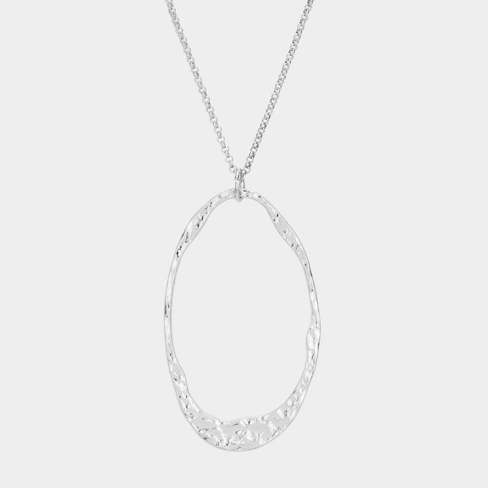 Silver 
Textured Metal Irregular Circle Pendant Long Necklace