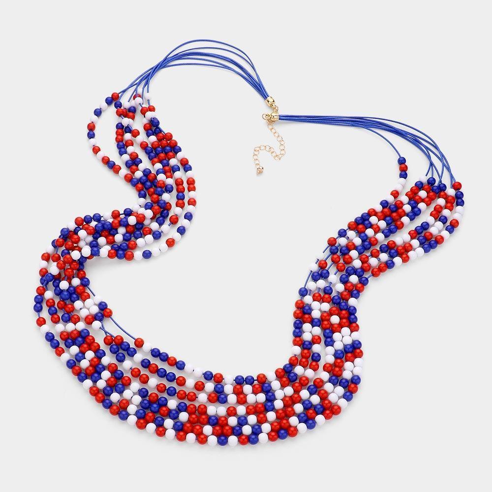American USA Flag Colored Beaded Multi Layered Long Necklace - Jewelry Store by Erik Rayo