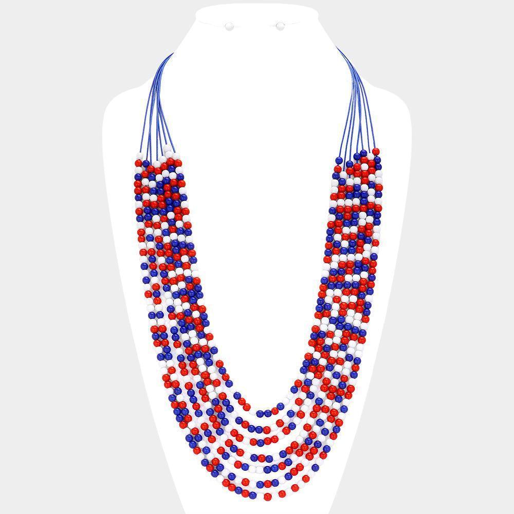 American USA Flag Colored Beaded Multi Layered Long Necklace - Jewelry Store by Erik Rayo